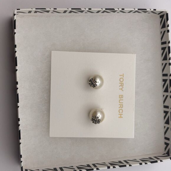 Tory Burch Earrings Kira Pearl Stud Pearl Silver Crystal Dobule T Logo Designer - Picture 3 of 6